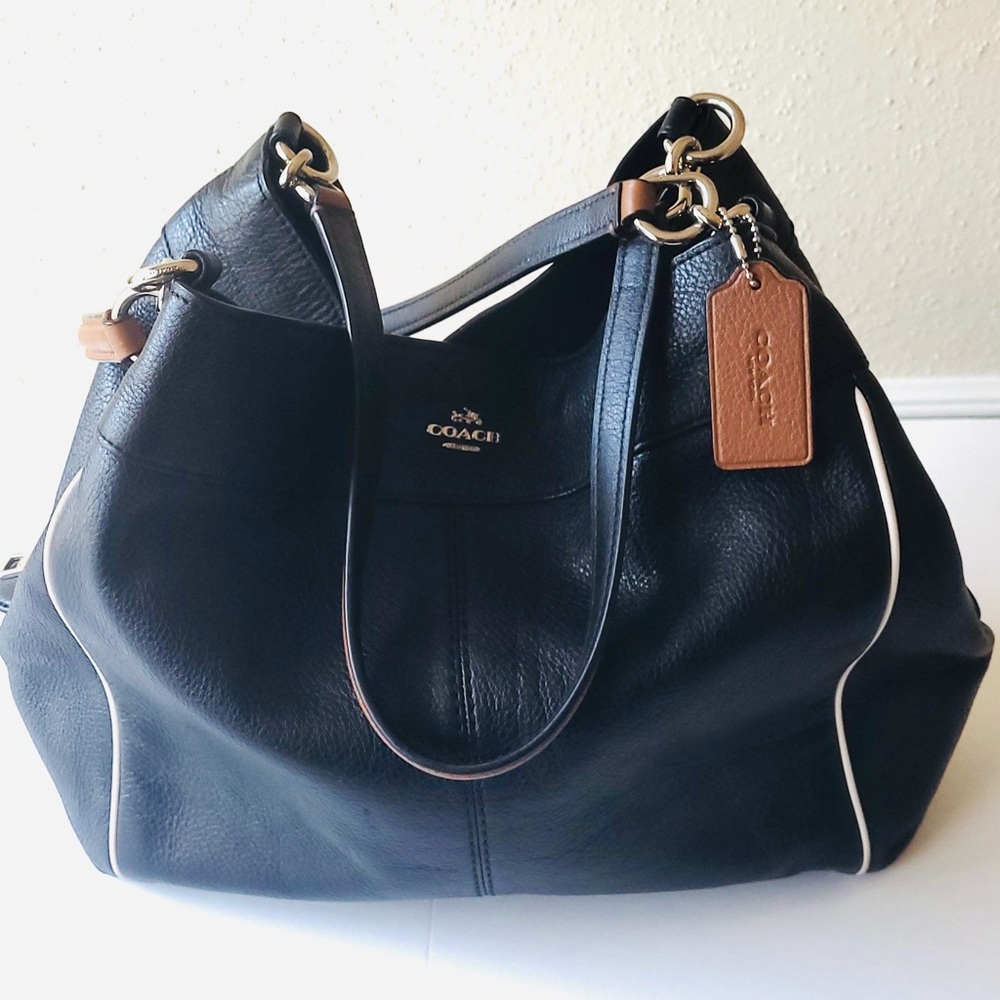 Coach Black Leather Shoulder Bag with Tan Accents